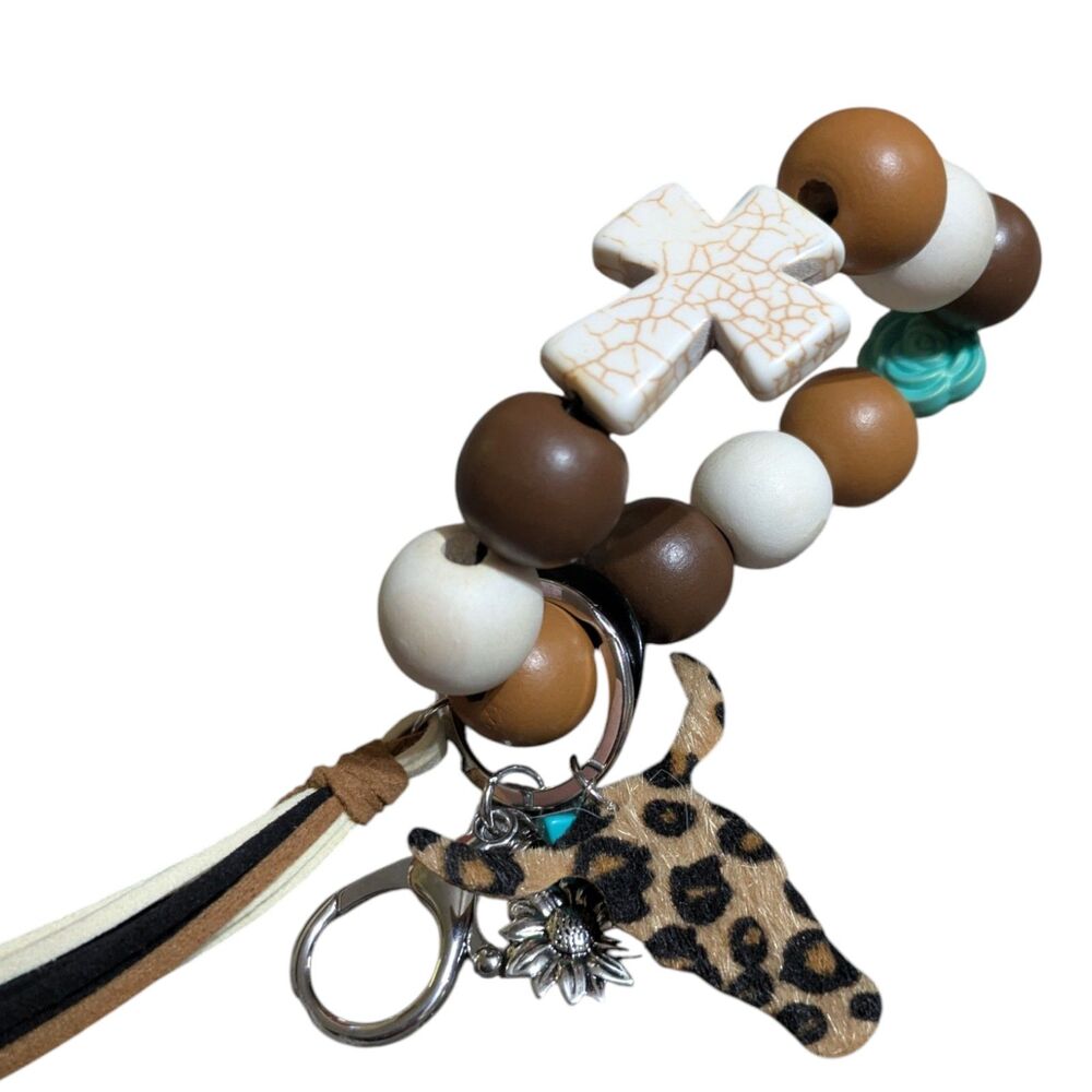 Handmade Boho Beaded Cross Wristlet Keychain Leopard Tassel Neutral Brown